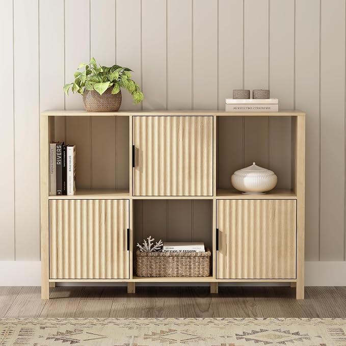 Fluted Storage Bookshelf Set of 2, Modern Wood Floor 6 Cube Bookcase - Image 7