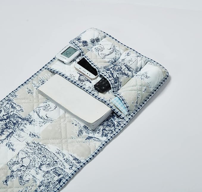 Brilliant Sunshine Blue Toile Couch Sofa Armrest 5 Pockets Organizer, Slip - Image 4