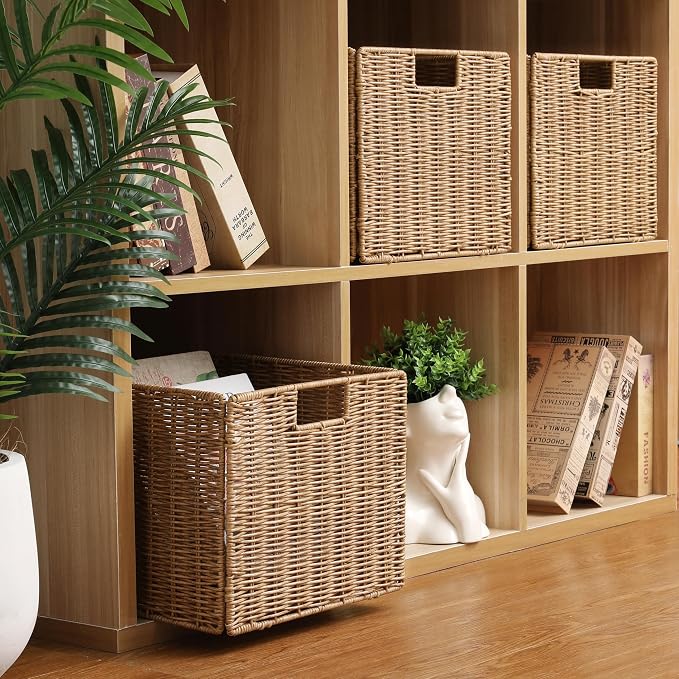 12X12X10in Plastic Wicker Storage Basket, Collapsible Wicker Cube Storage - Image 7