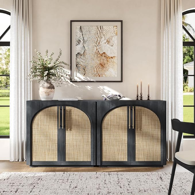 Buffet Cabinet with Rattan Doors, 94.5'' W Arched Sideboard | Modular Sideboard - Image 3