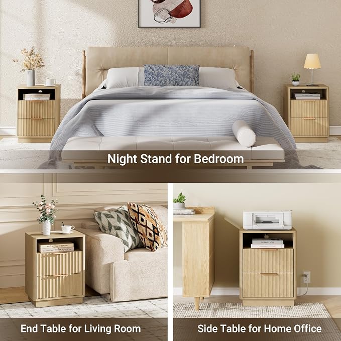Fluted Nightstand with Charging Station, 2 Drawers End Table with Storage - Image 7