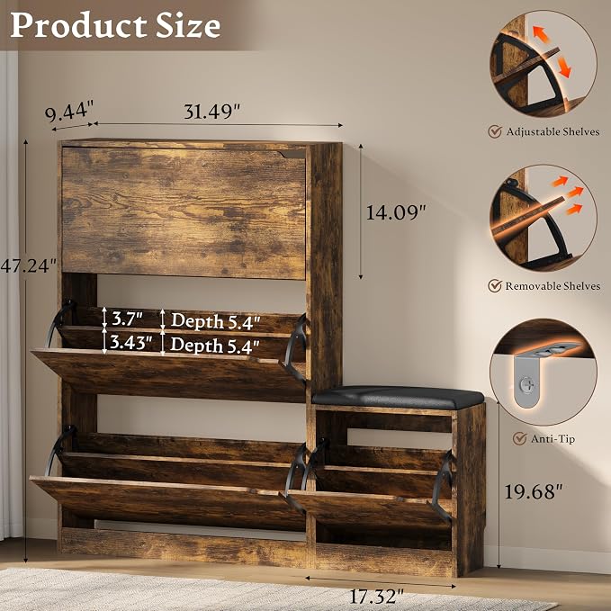 BORNOON Shoe Cabinet with Bench and 3 Flip Drawers, Slim Narrow Shoe Storage - Image 2