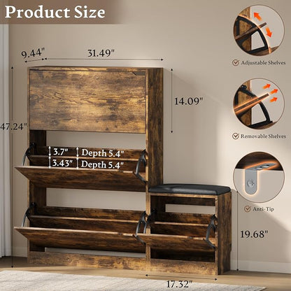 BORNOON Shoe Cabinet with Bench and 3 Flip Drawers, Slim Narrow Shoe Storage - Image 2