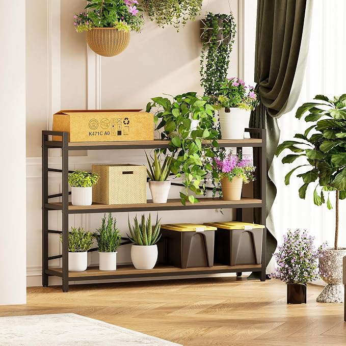 3 Tier Bookcase 47.24" Width, Long Industrial Book Shelf, Vintage Wooden Large - Image 5