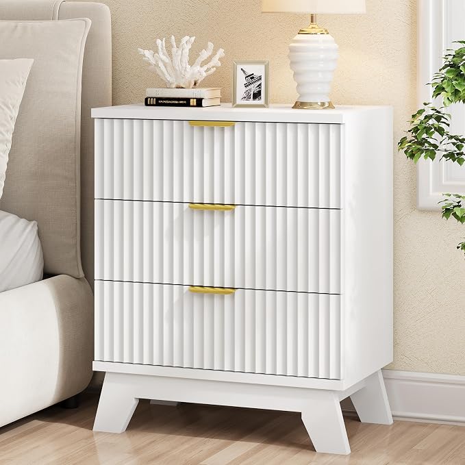 Fluted Nightstand, Mid Century Modern Wood Night Stand by Xixini