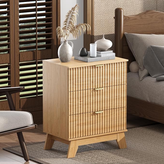 Natural Oak Night Stand with 3 Drawers, Bedside Table & End Table, Farmhouse by WODEER