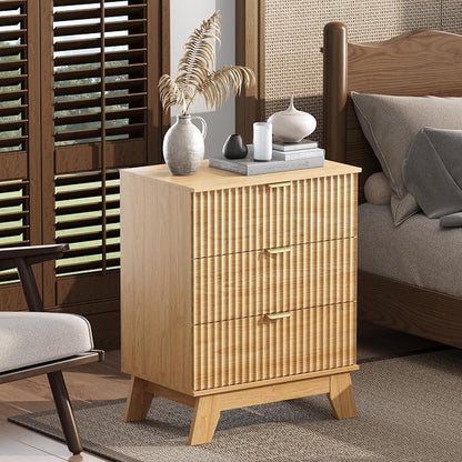 Natural Oak Night Stand with 3 Drawers, Bedside Table & End Table, Farmhouse by WODEER