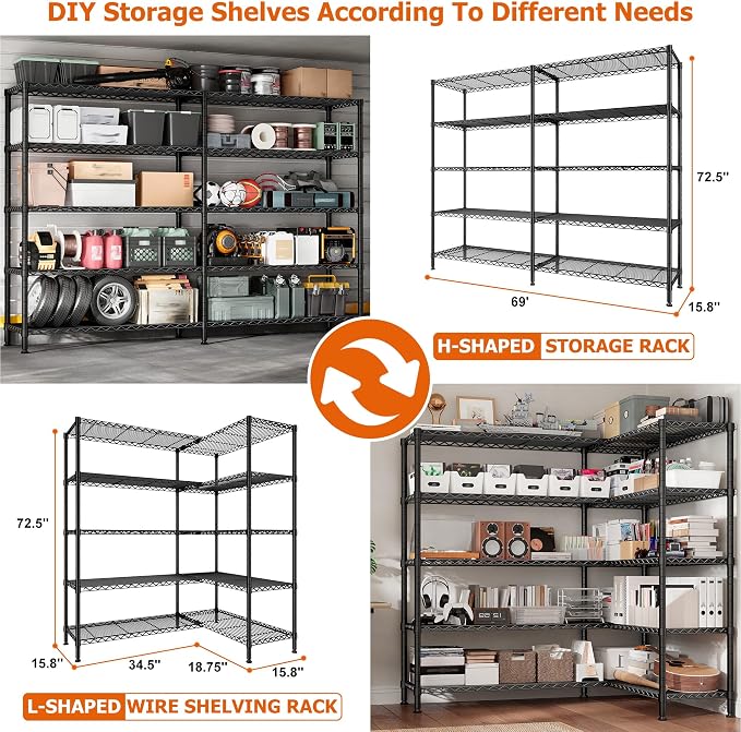 REIBII 1600LBS Storage Shelves 69.8''W Metal Shelving 5 Tier Wire Shelving Unit - Image 4