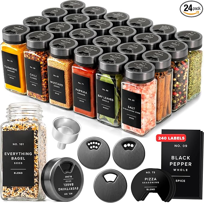 EDELHAUS Glass Spice Jars with Label and Space Gray Rotating Lids Spice by EDELHAUS
