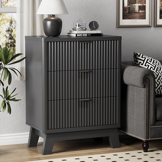 Fluted Nightstand with 3 Storage Drawers, Mid Century Modern Wooden Side Table - Image 3
