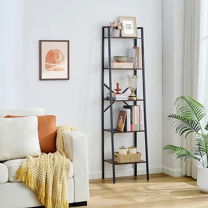 Hoctieon Industrial Ladder Bookshelf, 5-Tier Tall Bookshelf, Open Ladder Shelf - Image 3