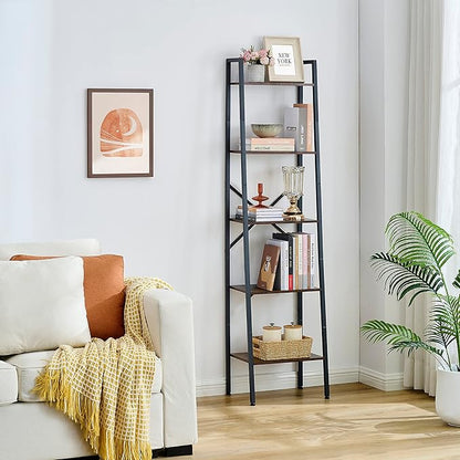 Hoctieon Industrial Ladder Bookshelf, 5-Tier Tall Bookshelf, Open Ladder Shelf - Image 3