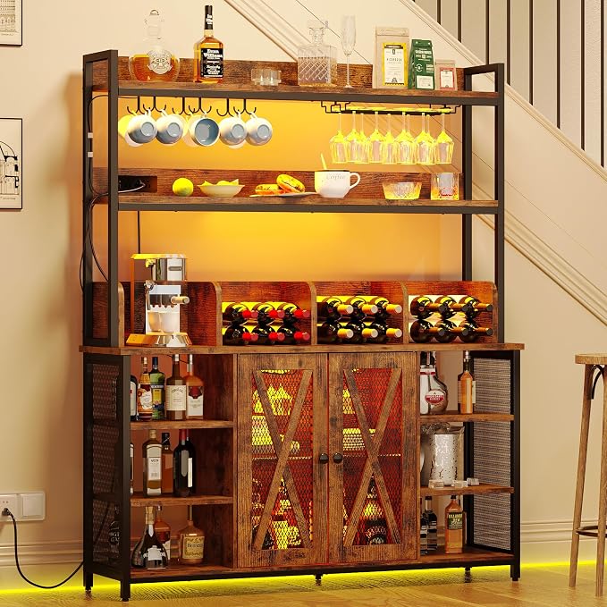 IRONCK Coffee Bar Cabinet with Power Outlet, Industrial Buffet Cabinet with LED by IRONCK