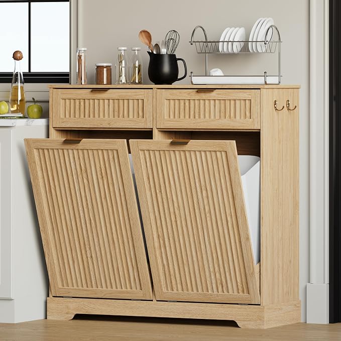 2 x 13 Gallons Double Tilt Out Trash Can Cabinet, Wooden Fluted Trash Garbage by METOTI