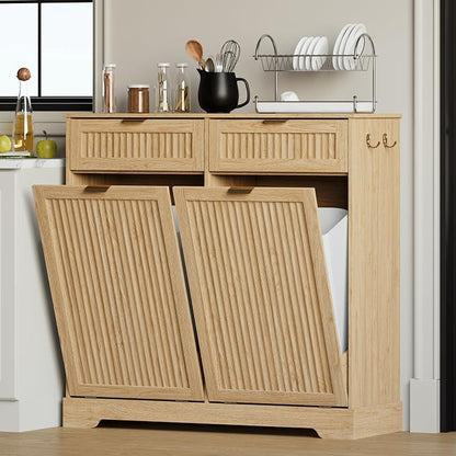 2 x 13 Gallons Double Tilt Out Trash Can Cabinet, Wooden Fluted Trash Garbage by METOTI