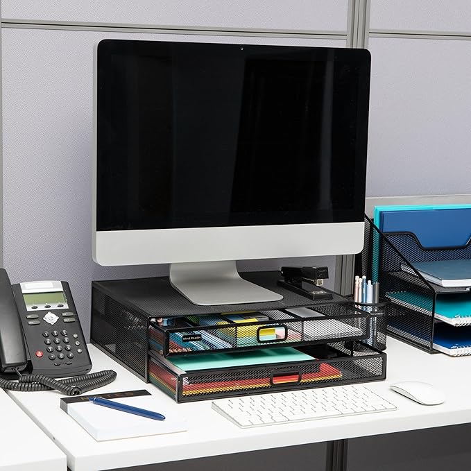 Mind Reader Monitor Stand, Ventilated Laptop Riser, Storage Drawer, Metal Mesh - Image 2