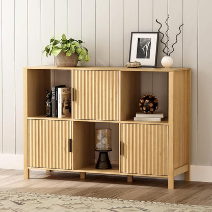Fluted Storage Bookshelf Set of 2, Modern Wooden 6 Cube Bookcase - Image 2