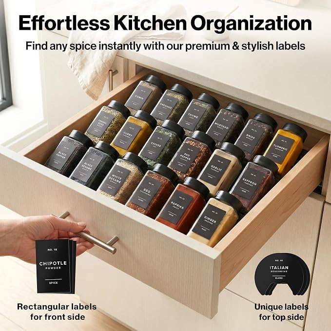 EDELHAUS Glass Spice Jars with Labels & Black Rotating Lids – 12 Large Square - Image 6