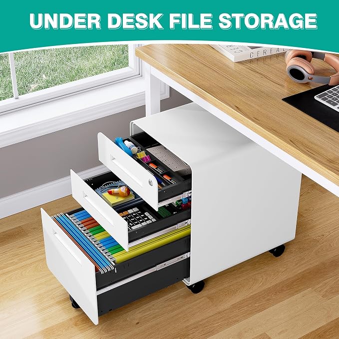 3 Drawer File Cabinet with Lock, Under Desk File Cabinet, Three Drawer Filing - Image 4