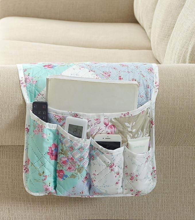 Brilliant Sunshine Blue and Green Rose Patchwork Couch Armrest 5 Pockets by BrilliantSunshine