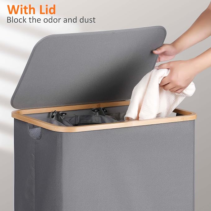 efluky Laundry Hamper with Lid, Trio Laundry Basket with 2 Removable Bags - Image 3