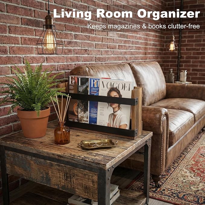 Wood Magazine Holders Wall & Bathroom Magazine Rack, Pine Wood + Black Metal - Image 5