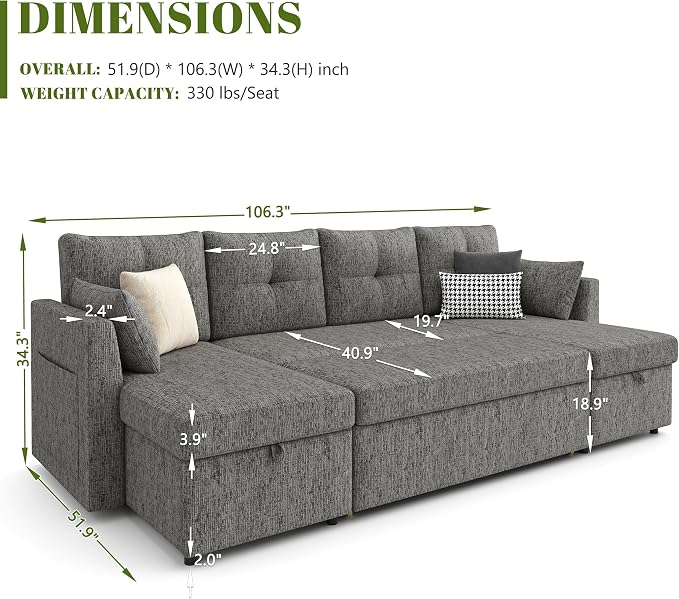 Huatean Home Oversized Sleeper Couch Sofa, 110 inch 2 in 1 Pull Out Couch - Image 3