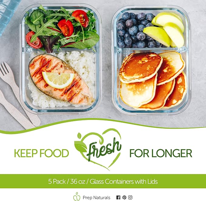 Prep Naturals 5 Pack 36oz Glass Meal Prep Containers - Image 7