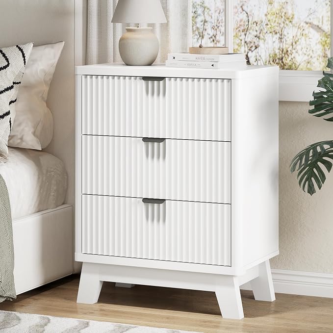 Fluted Nightstand with 3 Storage Drawers, Mid Century Modern Wooden Side Table by Xixini