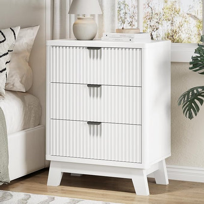 Fluted Nightstand with 3 Storage Drawers, Mid Century Modern Wooden Side Table by Xixini