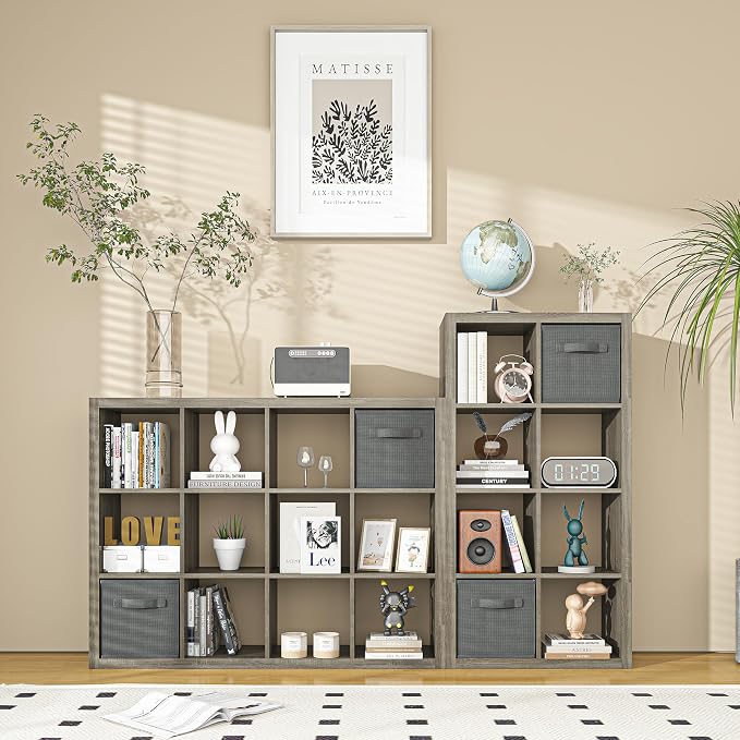 furtble Bookshelf with Storage Bin, 4-Cube Storage Organizer, Modern Wood Open - Image 2