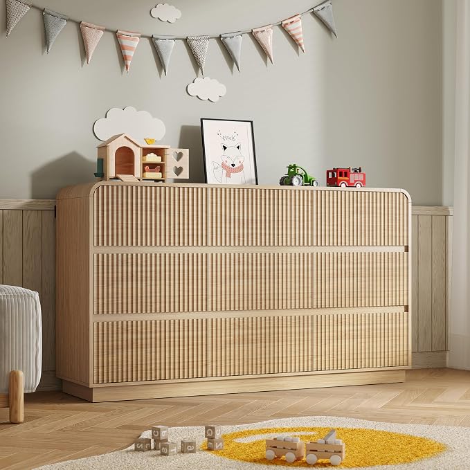 Dresser for Bedroom with 9 Drawers, Fluted Chest of Drawers with Round Curved by BORNOON