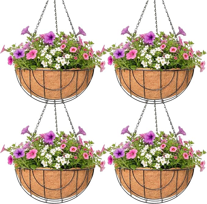 4 Pack Hanging Planter for Outdoor Plants 14 inch Metal Hanging Flower Basket by Unknown