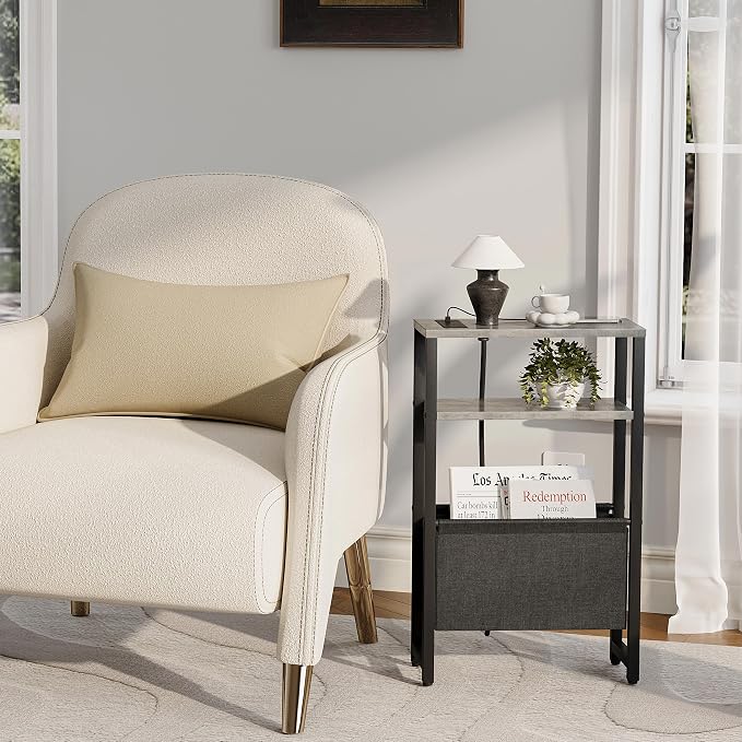 Narrow Side Table with Charging Station Slim End Table Sofa with Magazine Rack - Image 7