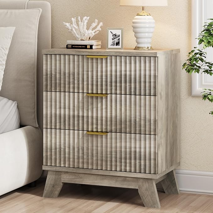 Fluted Nightstand, Mid Century Modern Wood Night Stand by Xixini