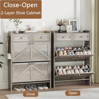 Shoe Cabinet with 2 Flip Drawers & 2 Top Drawers, Hidden Slim Shoe Rack - Image 4