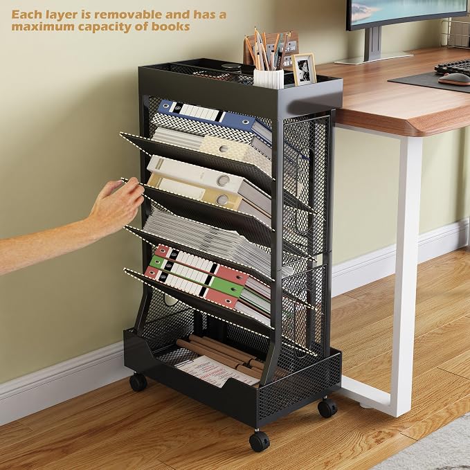 Book Cart with Wheels Mobile Bookshelf Rolling Bookshelf Organizer Bookcase - Image 4