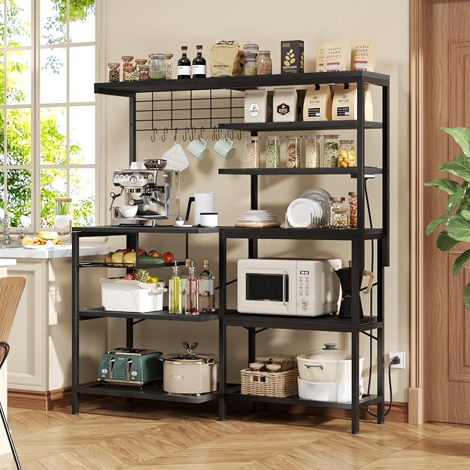 L-Shaped Bakers Rack with Power Outlet, 6-Tier Microwave Stand with Open Storage - Image 2