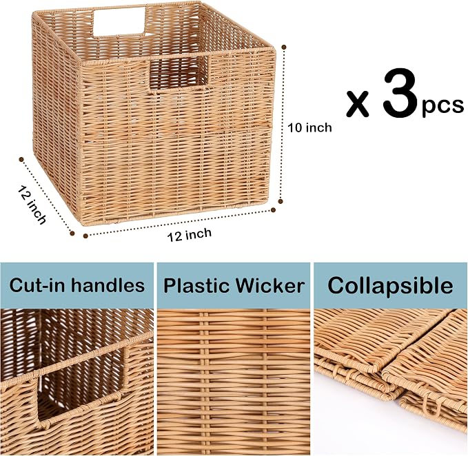 12X12X10in Plastic Wicker Storage Basket, Collapsible Wicker Cube Storage - Image 4