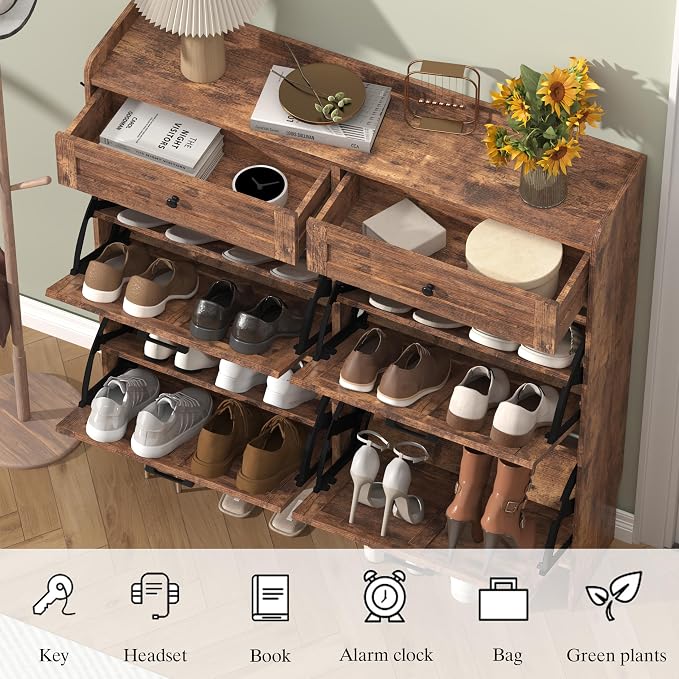 Thacuok Shoe Cabinet with 4 Flip Drawers & 2 Storage Drawers, Rustic Farmhouse - Image 5