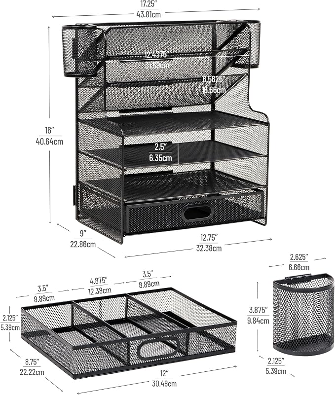 Mind Reader Mesh Desk Organizer, 6 Compartments, 1 Drawer, 2 Pen Cups, Office - Image 3