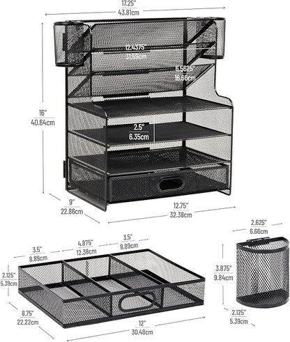 Mind Reader Mesh Desk Organizer, 6 Compartments, 1 Drawer, 2 Pen Cups, Office - Image 3