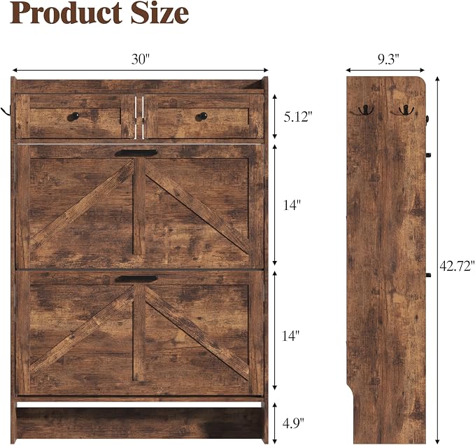 Thacuok Shoe Cabinet with 2 Flip Drawers & 2 Storage Drawers, Rustic Farmhouse - Image 2