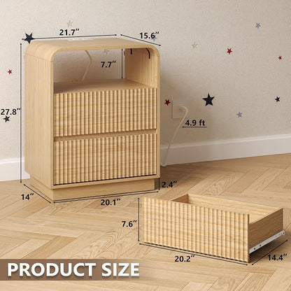 Dresser with 2 Drawers and Charging Station, Fluted Bedside Table with Round - Image 2