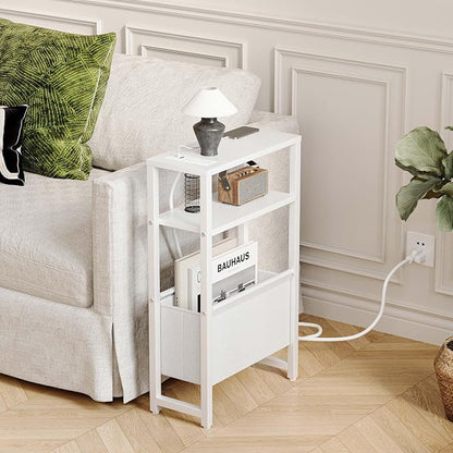 Narrow Side Table with Charging Station Slim End Table Sofa with Magazine Rack - Image 2