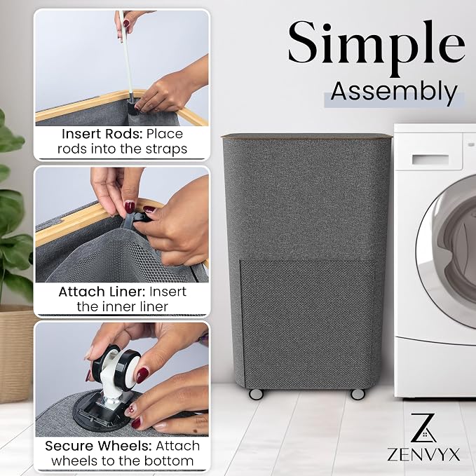 Laundry Basket with Wheels and Handle - 100L Bamboo-Fabric Laundry Hamper with - Image 4