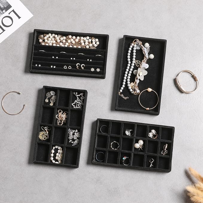 Frebeauty Jewelry Organizer Tray, Stackable Velvet Jewelry Trays, Drawer - Image 5