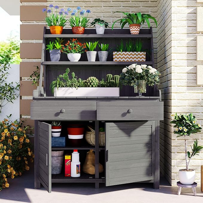 Merax Potting Bench Table with Cabinet and Open Shelves, Garden Potting Bench by Merax