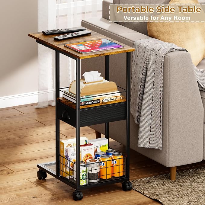 C Shaped Sofa Side Table with Wheels, Rolling Small Coffee Table with Drawer - Image 2