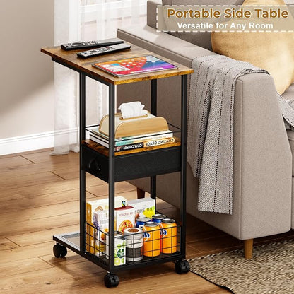 C Shaped Sofa Side Table with Wheels, Rolling Small Coffee Table with Drawer - Image 2